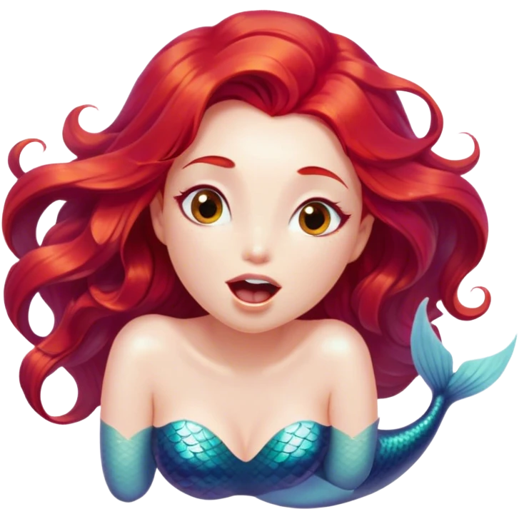 Cinematic Realistic Red Hair Mermaid Portrait, head tilted slightly with a dramatic, wide-open yawn, revealing a tender, relaxed visage with delicately detailed porcelain skin and vibrant, cascading red hair softly billowing around her. Her dreamy eyes exude a serene, aquatic charm, rendered with gentle underwater lighting and high shine—capturing the essence of a drowsy yet mesmerizing mermaid drifting into a tranquil slumber beneath the sea. emoji