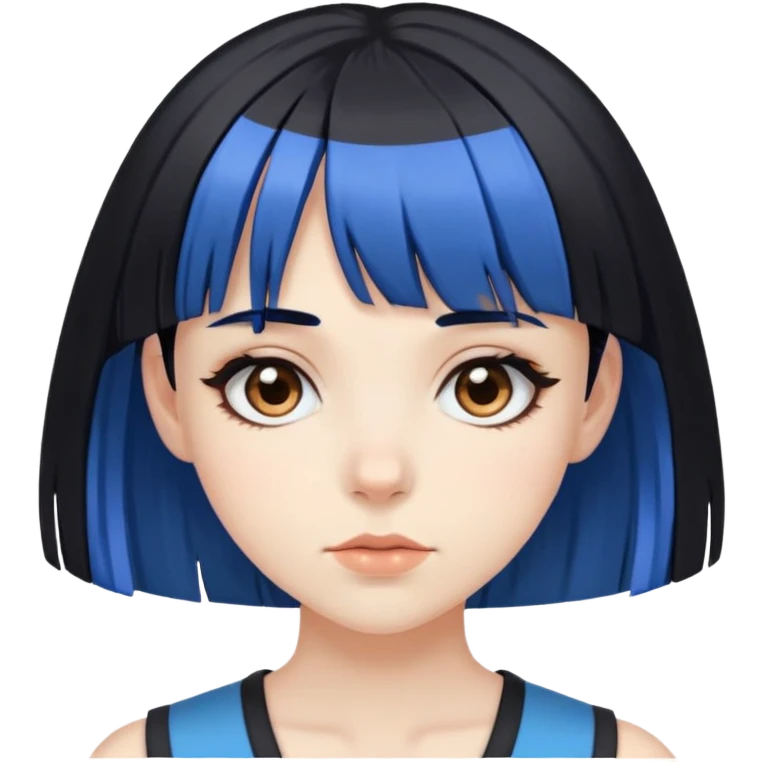 Pale girl with brown eyes, black hair with bangs, with two strips of blue hair in front emoji