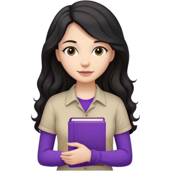 Long Hair Women with Black wavy hair, with purple Book, beige shir, without background emoji