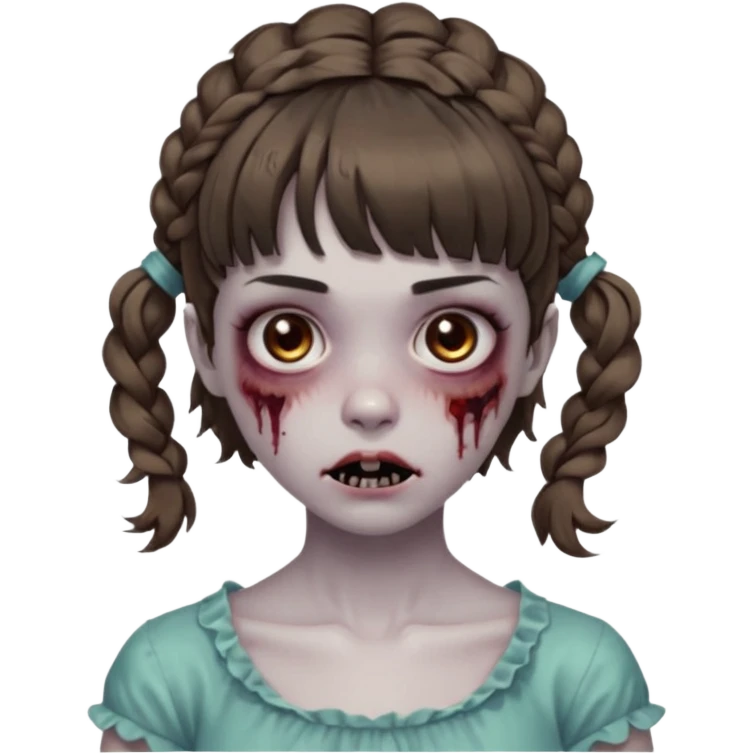 Cabelo ondulado  um pouco cheio e franja curta  Olhos marrons e pequenos e feita d ezumbi mais bonita com cabelo amarro na e com as mãos assim tipo assim🧟‍♀️ emoji