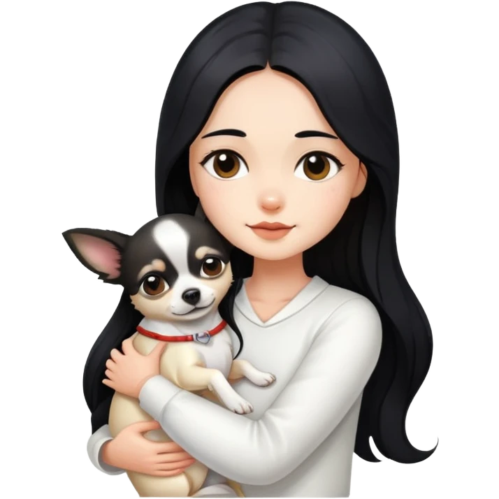 Fair skin girl - long black hair - white clothes - hugging a chihuahua emoji
