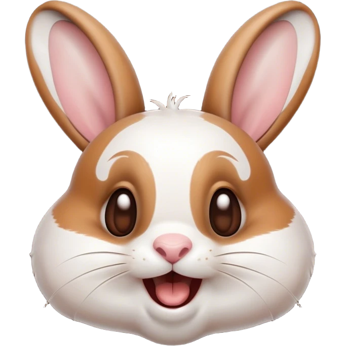 Cinematic Comical White and Brown Rabbit Portrait Emoji, Head tilted dramatically with an exaggeratedly amused expression, featuring a striking fur with a playful mix of white and brown patches, wide, expressive eyes filled with playful disbelief, Simplified yet hilariously expressive features, highly detailed, glowing with a slightly sassy glow, high shine, dramatic yet playful, stylized with an air of cheeky mischief, bright and endearing, soft glowing outline, capturing the essence of a spirited and over-the-top bunny, so meme-worthy it feels like it could side-eye its way into internet fame instantly! emoji
