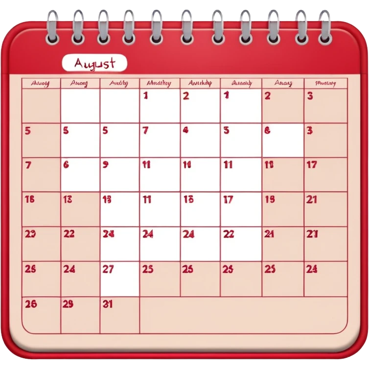 a monthly calendar labeled “August,” with rounded square date boxes, scalloped border frame, playful red doodle lines, and a cozy planner vibe. Minimal kawaii style, flat pastel color palette, slightly imperfect sketch lines, centered object, no background emoji