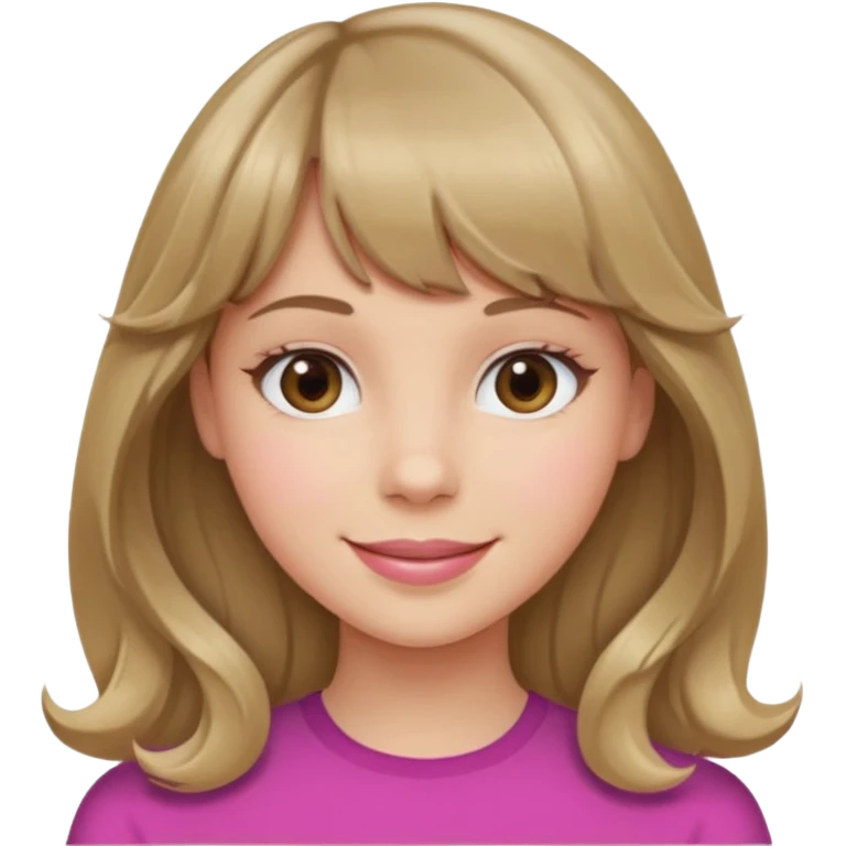 A girl with wavy, dark blonde hair, straight bangs, and straight eyes. She is smiling. emoji