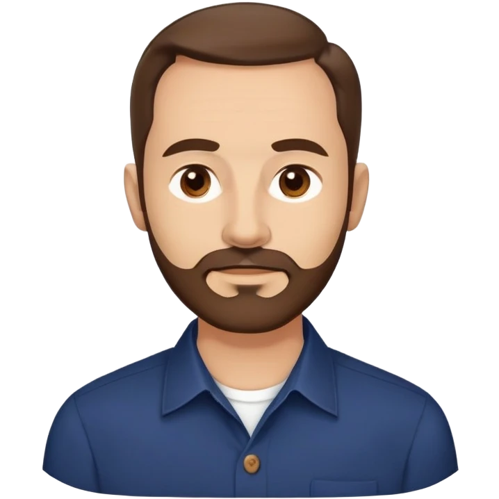 Man in his mid-50s with light skin tone. Round face with broad cheekbones. Lively brown eyes, prominent eyebrows. Full brown hair with minimal recession at temples. Brown beard covering jaw and chin. Slight smile. Wearing a navy button-down shirt. emoji