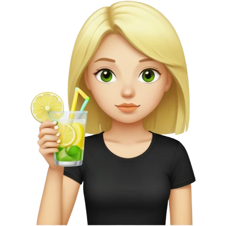 blonde girl straw drinking lemonade with one green lemon in the cup, with black watch black tshirt emoji