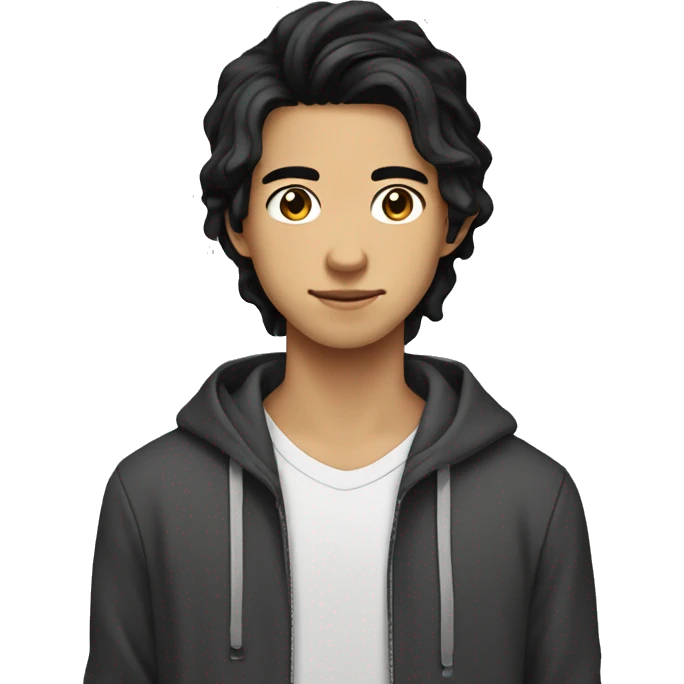 Teen boy type Asian, long wavy black hair not too wavy, dark eyes, wearing hoodie emoji