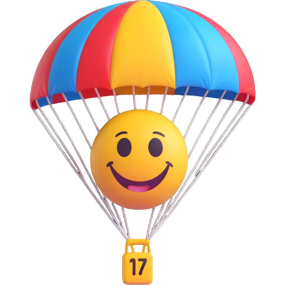 3D smiley emoji, round shape, with parachute, sporty face, transparent background (parachuting) emoji