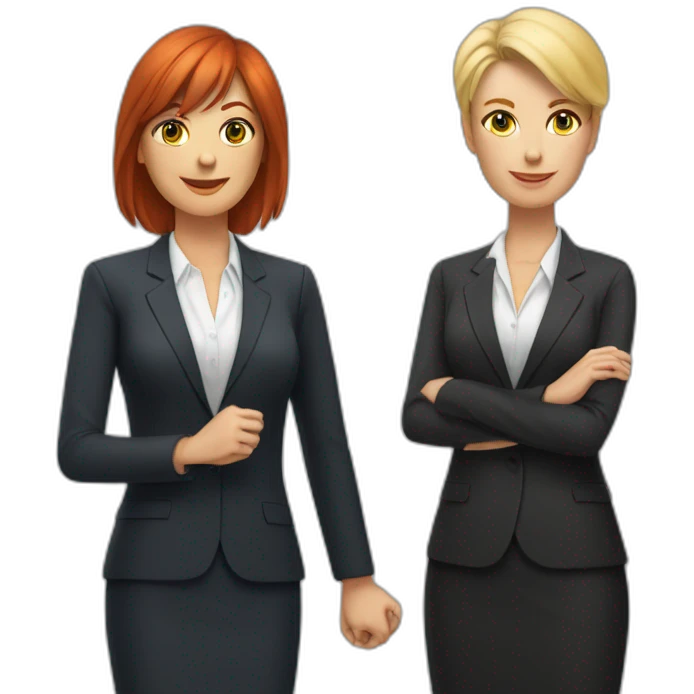 Middleaged, redhaired female CEO with bangs holding hands with middleaged, female blond CEO smoking emoji
