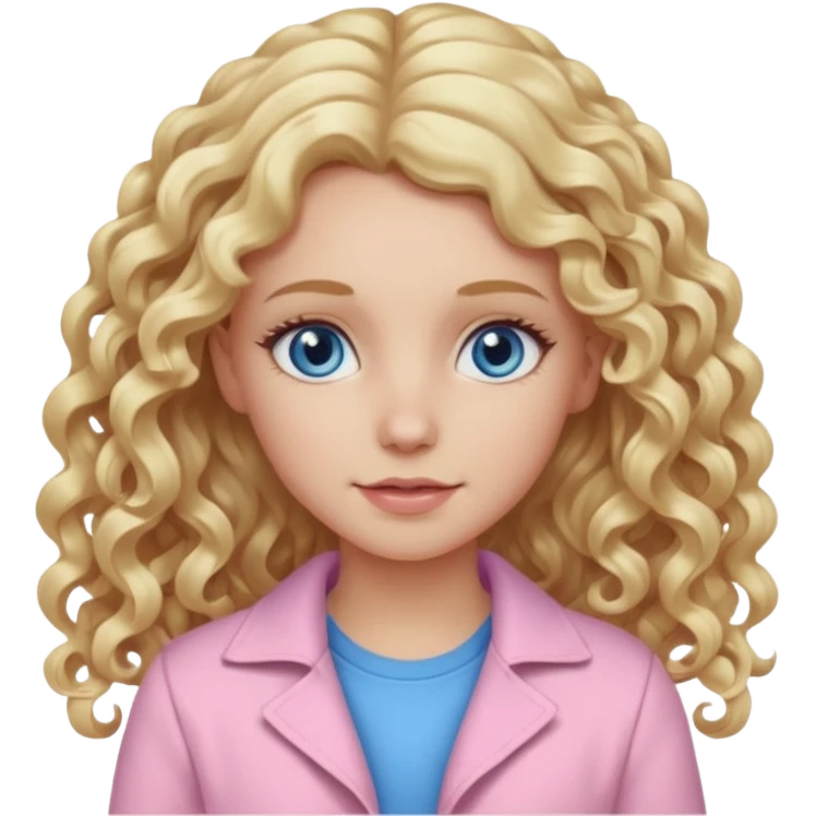 A white girl with long blonde curly hair and  eyes wearing light pink emoji