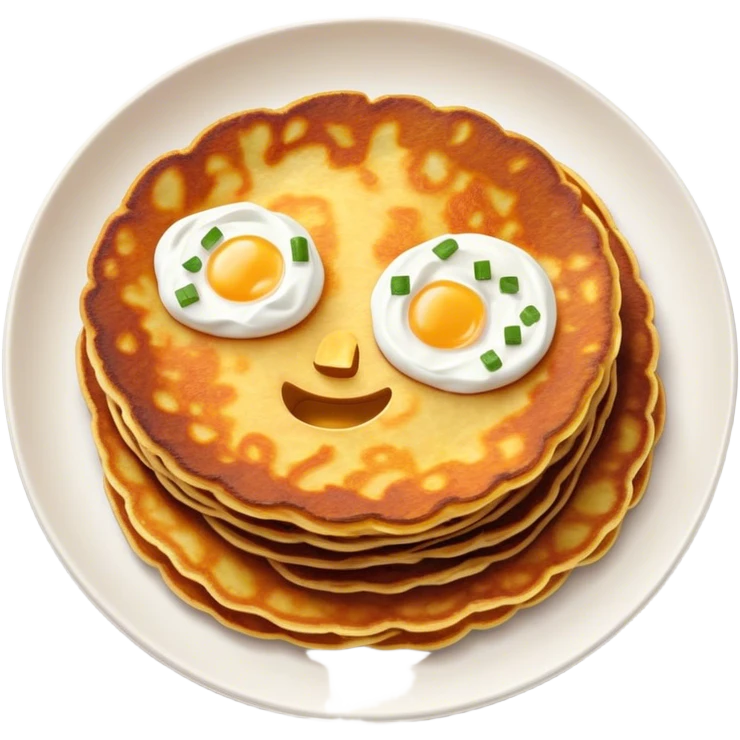 Cinematic Realistic Placki Ziemniaczane Dish Emoji, depicted as crispy potato pancakes served with sour cream rendered with vivid textures and warm, appetizing lighting. emoji