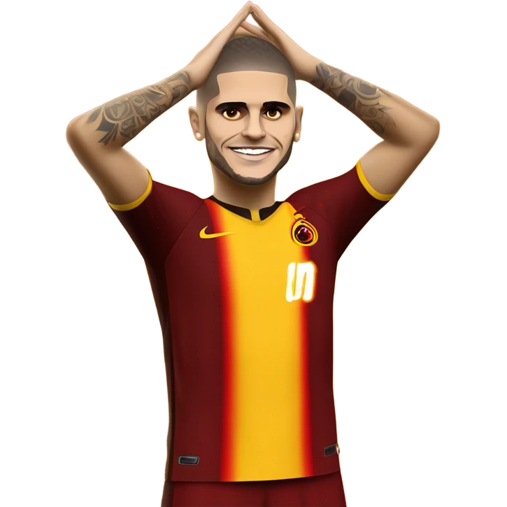  Create an emoji character of Mauro Icardi, wearing a Galatasaray FC football kit. The character is celebrating a goal with his classic pose, hands behind his ears. He has a confident and playful expression, capturing Icardi’s trademark celebration. The Galatasaray kit is yellow and red, with the team’s logo on the chest. The design should be cartoonish and bold, with vivid colors, making the character dynamic and full of energy. The background should be simple, focusing on Icardi's celebration. emoji