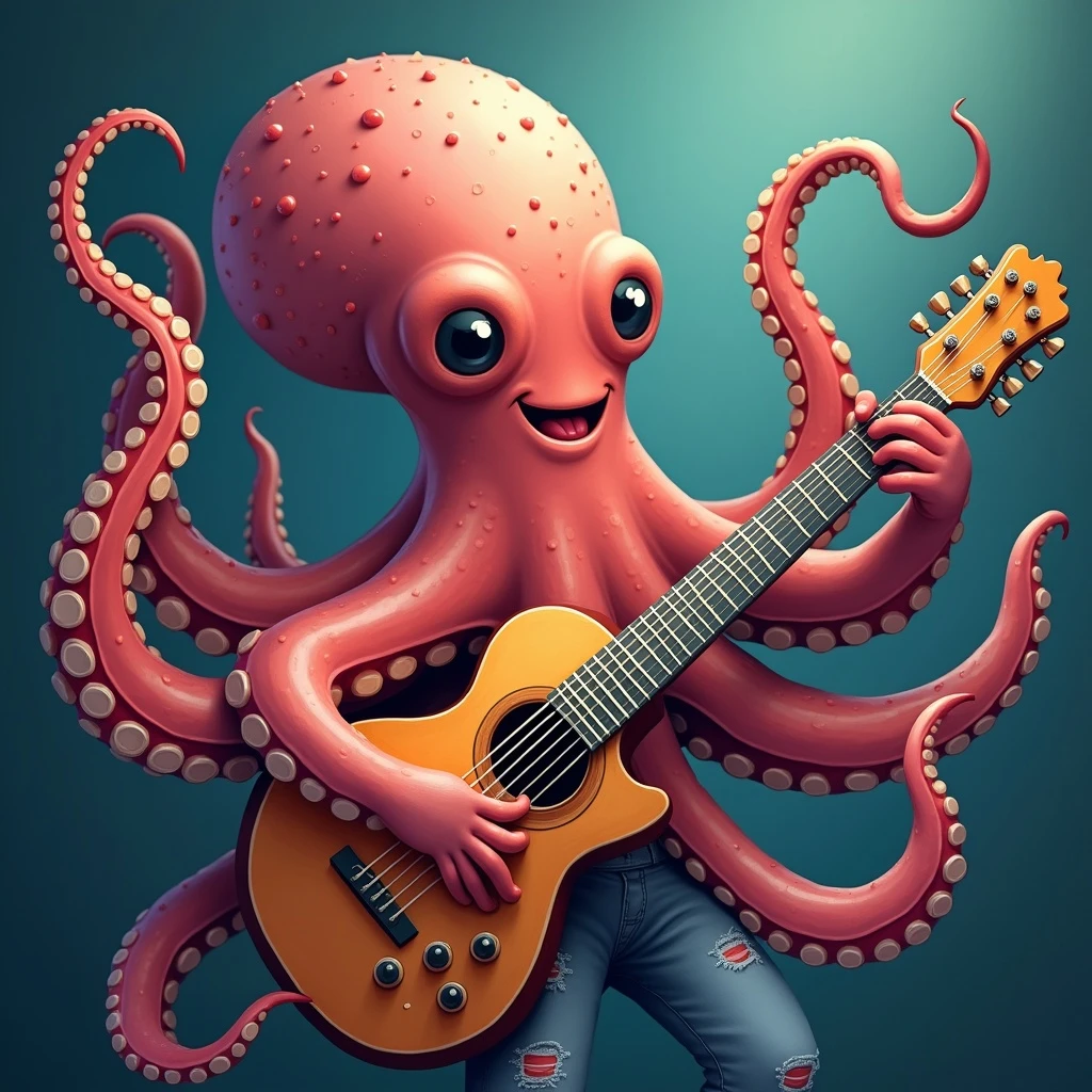happy octopus with multiple arms playing guitar emoji