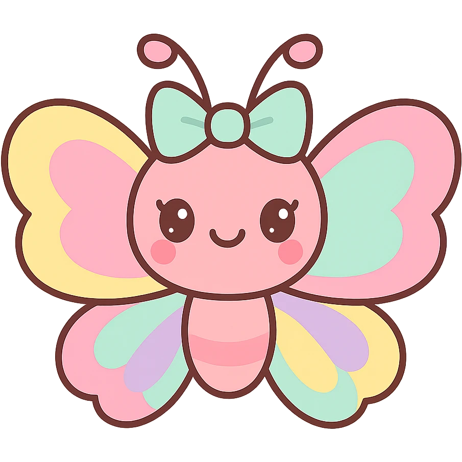 kawaii butterfly with a bow on its head, pastel rainbow wings, sweet and friendly expression, shimmery lipstick and blush emoji