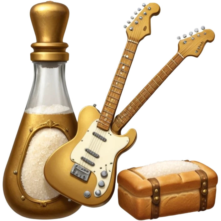 steampunk victorian - a bottle of salt (salt shaker) and a loaf of peasant bread with a small electric telecaster guitar - still life composition emoji