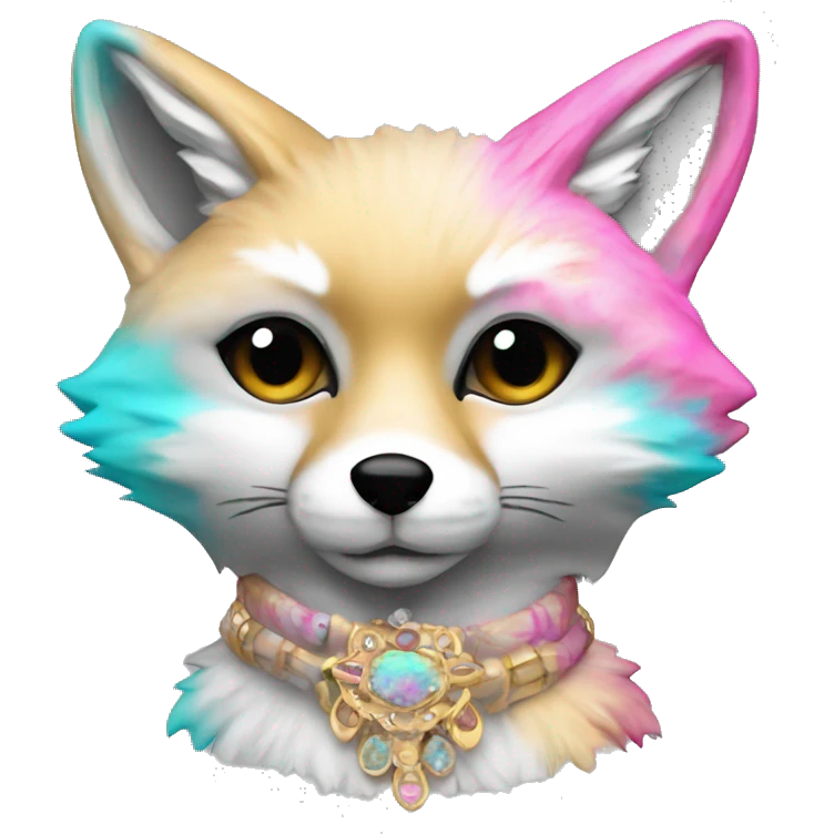 Faded Tie dye beige gray fox in pink cyan gray black beige gold jewellery emoji