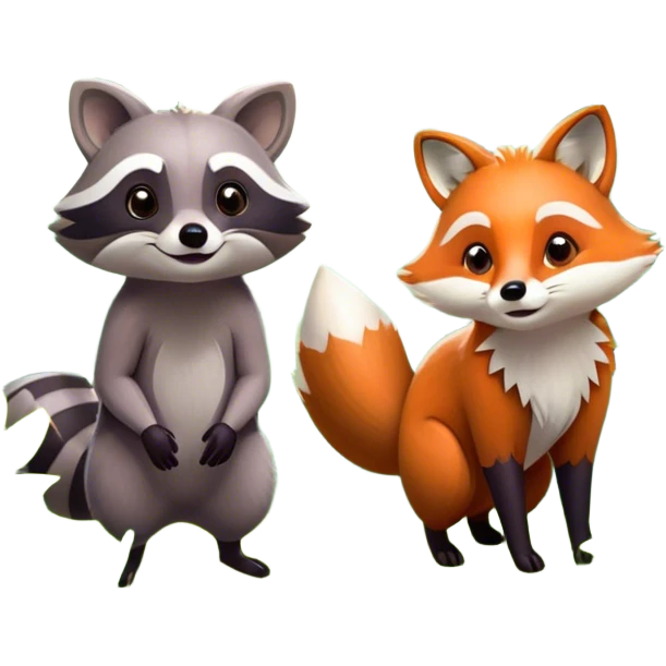 Collage of a raccoon and a fox, in close-up, set in a beautiful forest with tall trees, green bushes, and sunlight filtering through the leaves. Both animals look curious and playful. A vibrant, wild atmosphere with a transparent background. emoji