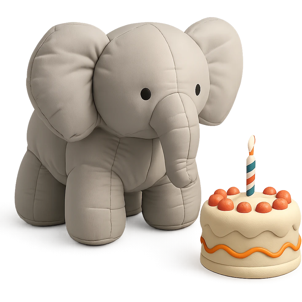 elephant beside one colorful candle-lit fruit cake, cushion style emoji