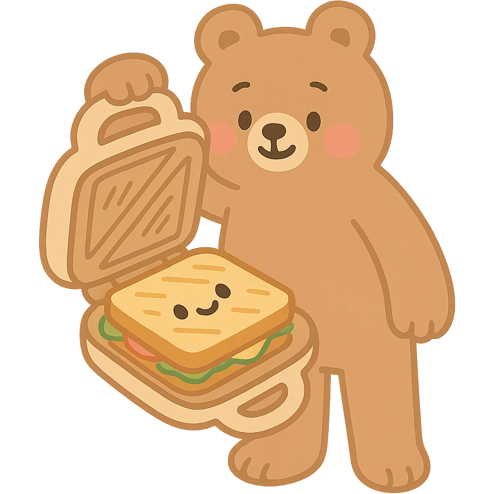 soft pastel style fluffy bear sandwich maker opening with a cute sandwich inside, creamy brown, full-body emoji