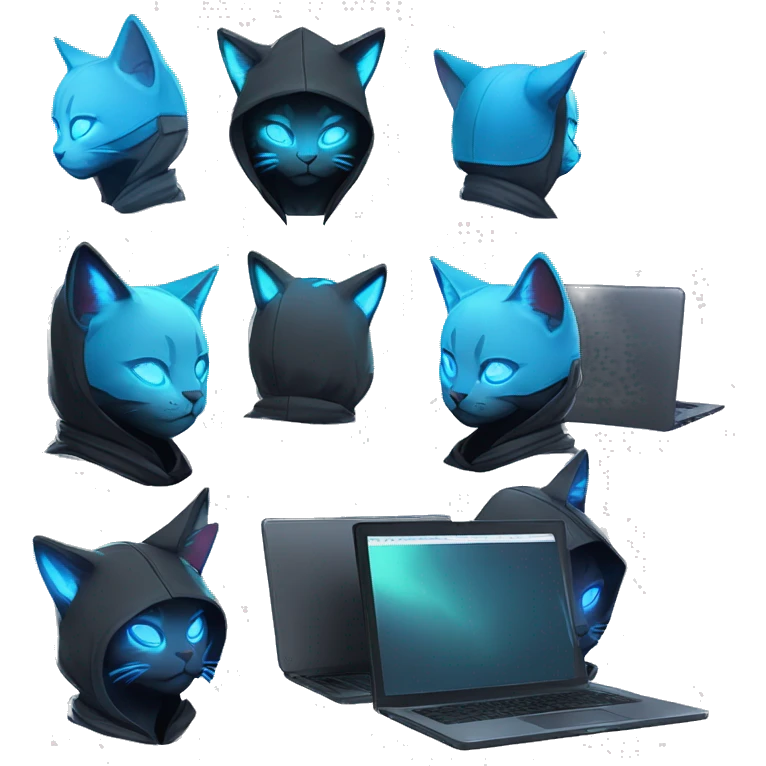 Side view developer cat behind his laptop with this style : Riot Games Valorant neon glowing bright blue character blue black hooded assassin themed character emoji