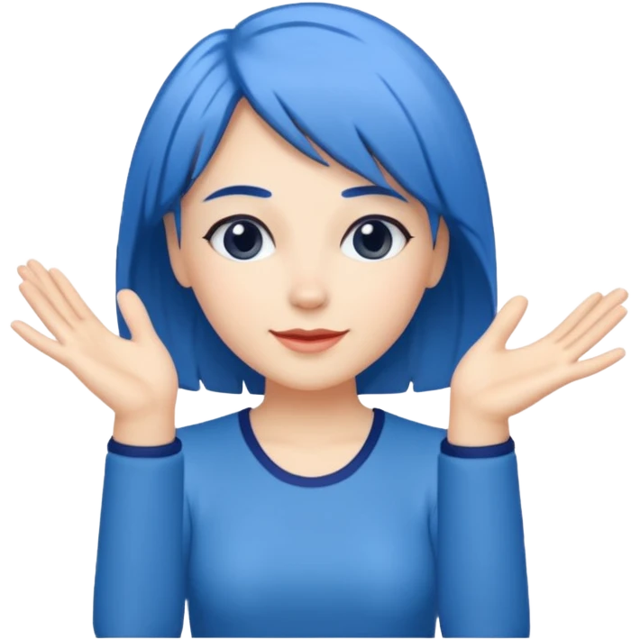 Woman with medium length blue hair doing jazz hands emoji