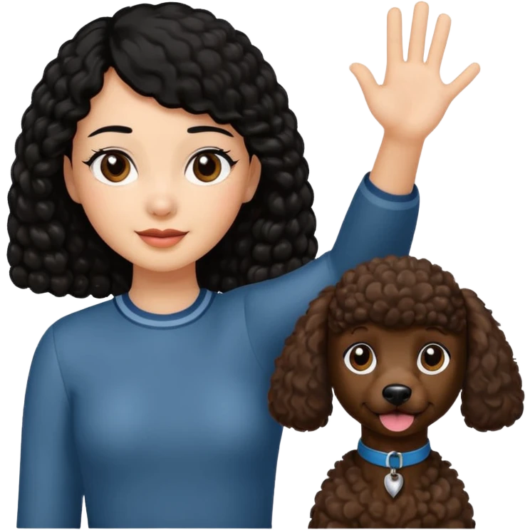Ponytail black hair girl with brown Poodle say goodbye  emoji