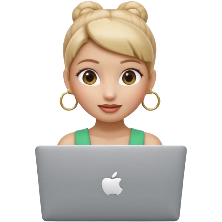3D Apple Memoji–style emoji, female character with high bun and hoop earrings, peeking over a silver laptop, soft lighting, smooth plastic texture, transparent PNG, 4K. emoji