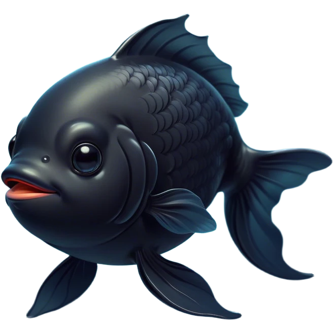 Meme-Worthy Cute Sleeping Black Goldfish Portrait Emoji, Head resting peacefully with a contented smile, showcasing a streamlined, graceful body and a luxuriously soft deep black hue, eyes closed in a serene, floating nap, Simplified yet hilariously adorable features, highly detailed, glowing with a soft, drowsy light, high shine, relaxed and utterly lovable, stylized with an air of playful laziness, bright and heartwarming, soft glowing outline, capturing the essence of a comically sleepy goldfish, so meme-worthy it feels like it could instantly become the next viral sensation of adorable slumber! emoji