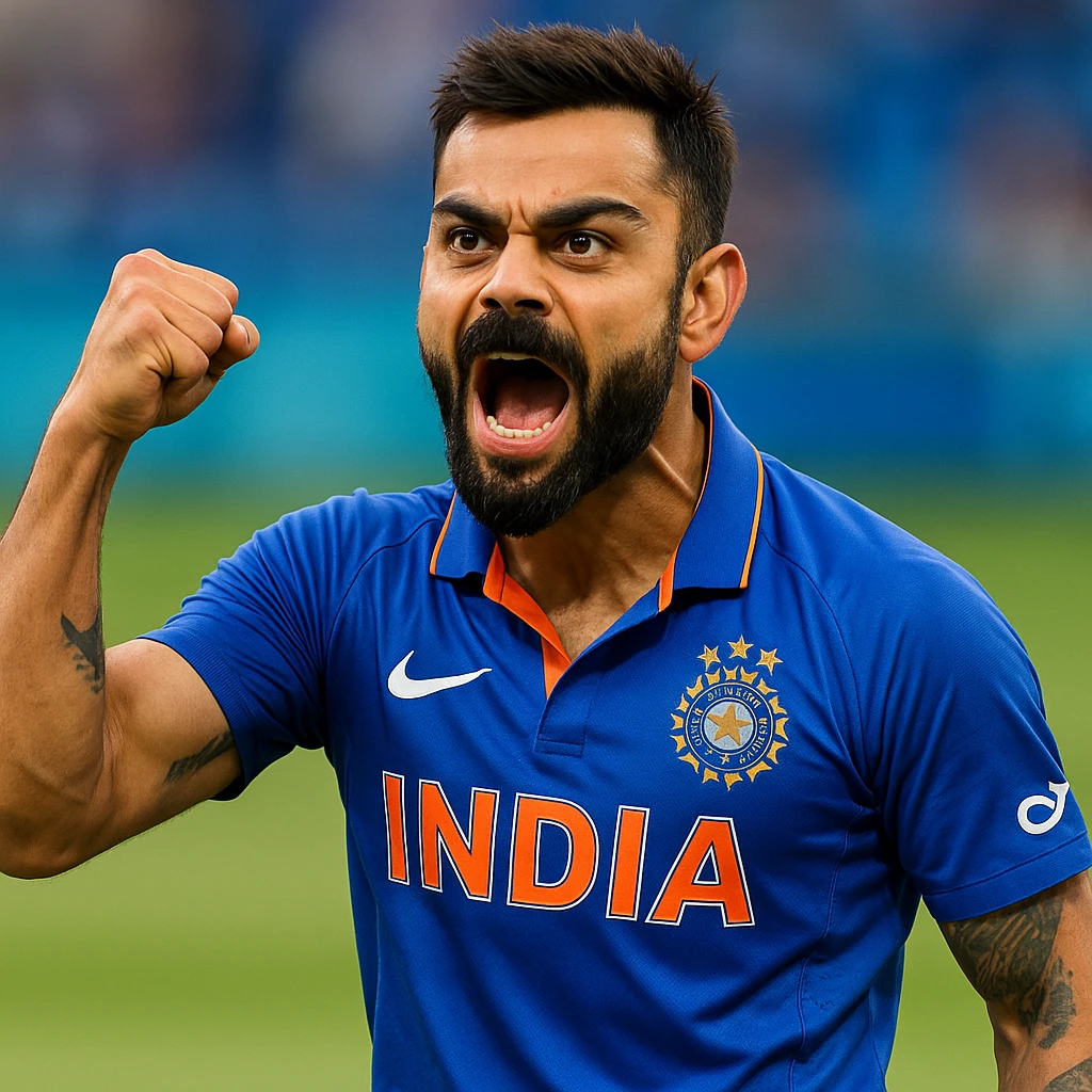 Virat Kohli, Indian cricketer, energetic pose, short beard, cricket jersey, expressive face, iconic hairstyle, sports background, vibrant colors emoji