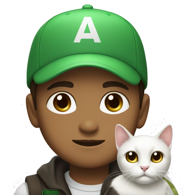 a boy in a green cap with sign “папа» with light brown skin light brown eyes and dark brown hair brown hair holds his black cat with  white muzzle and white chest emoji