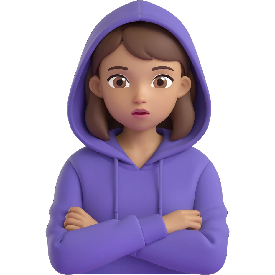 emoji of a girl with brown hair, flesh skin tone, wearing a hoodie, with an expression of trying to understand the class emoji