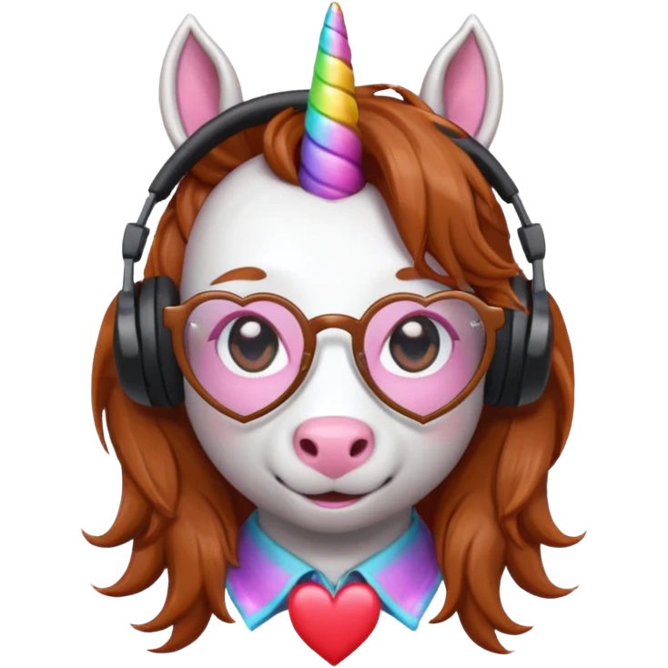 headphone wearing unicorn with dark ginger hair and heart shaped spectacles emoji