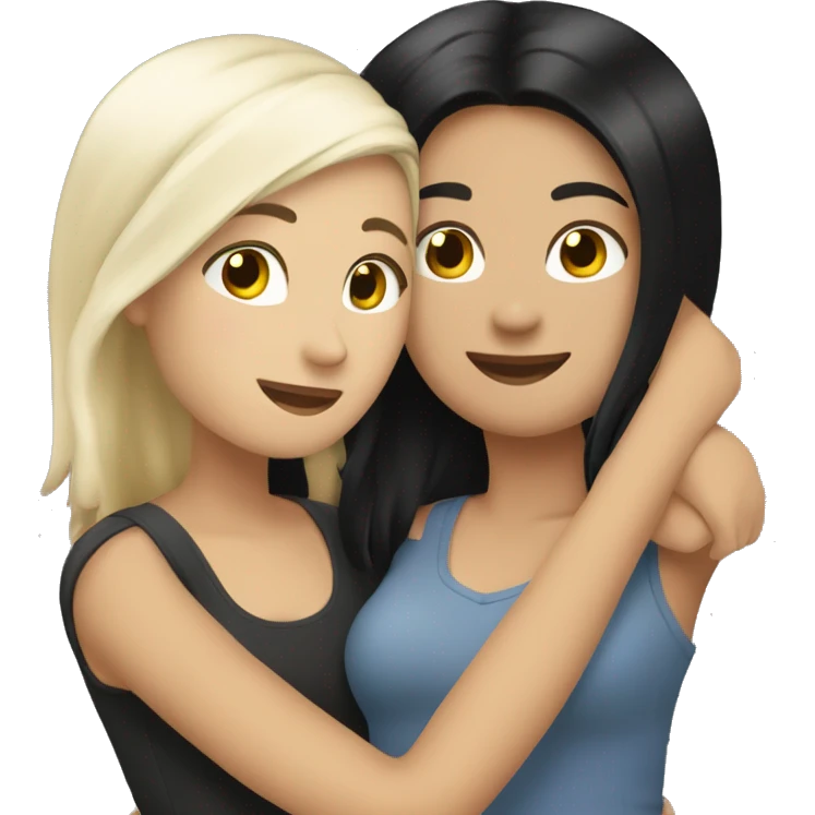 A lesbian couple that both have white skin and long black hair are hugging intimately, and romantically. emoji
