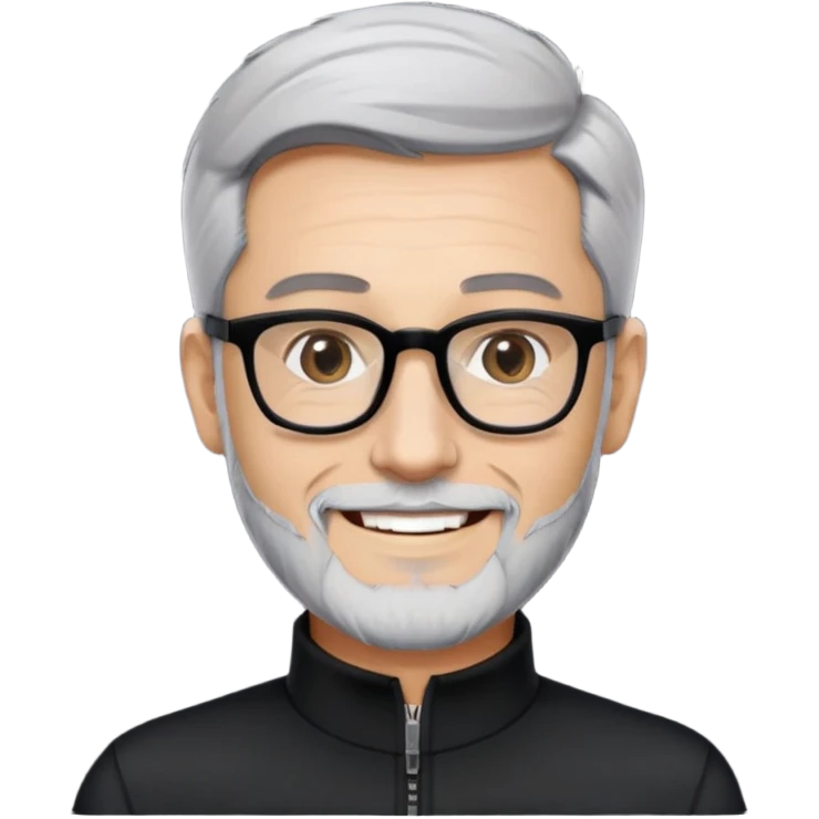 Man with light skin, short black hair styled up, short graying beard, large black-framed glasses, smiling face, black long sleeve mock neck shirt with zip emoji