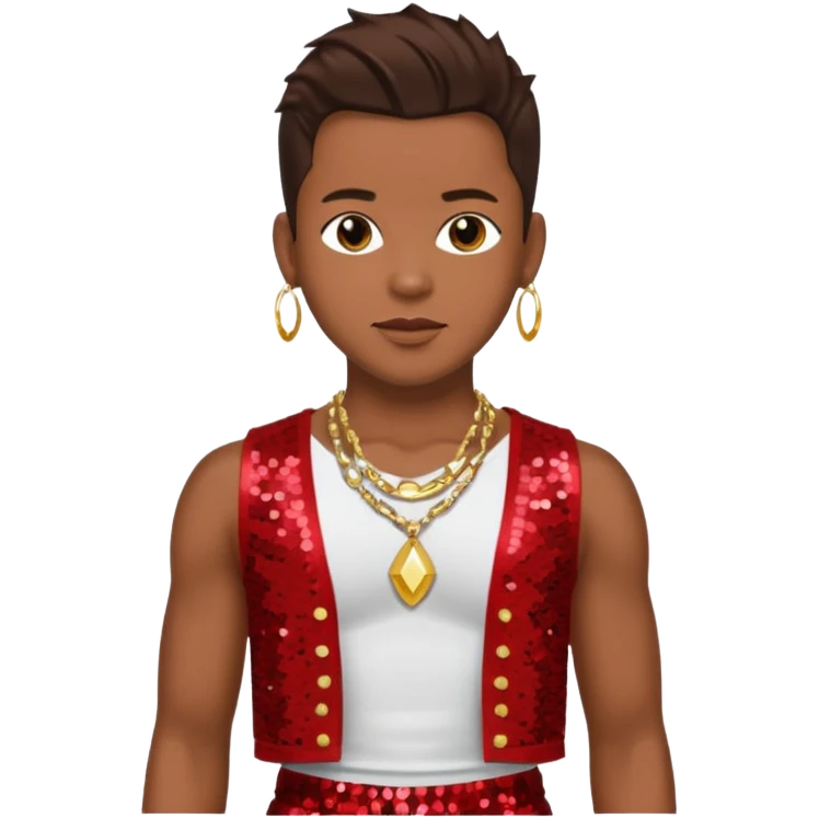 Bobby Brown with dark brown hair, red sequin bolero crop top, red sequin harem pants, shirtless with necklace emoji
