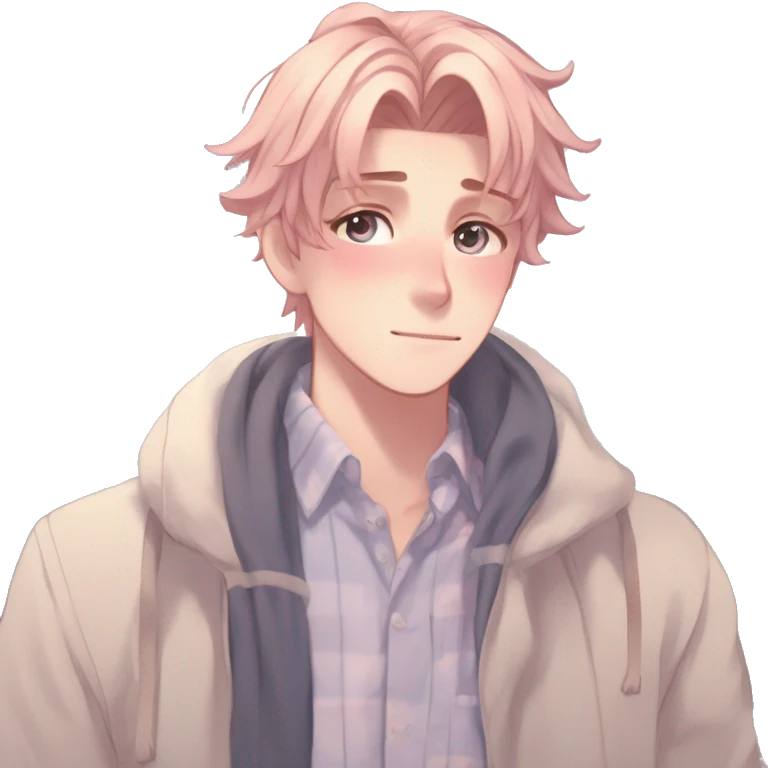 Gorgeous romantic hot attractive anime style modern anime shojo guy with pretty ponytail hair and colorful eyes and blushing face aesthetic trending style  pastelcore cottagecore kawaiicore emoji