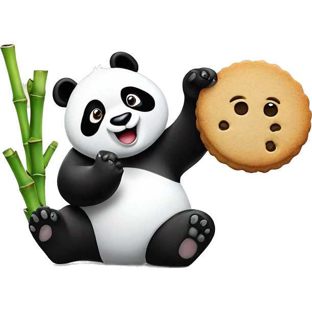 A panda waving hand with a cookie in the waving hand and bamboo in the other emoji