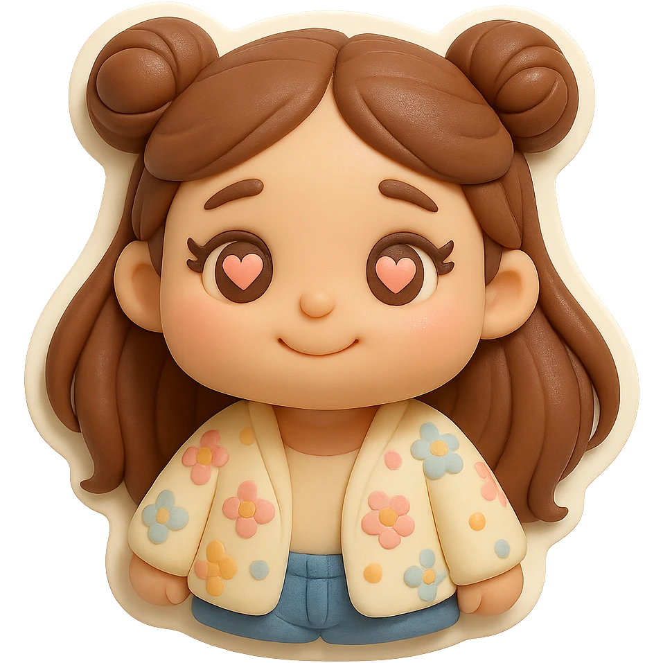 Create a 3D chibi fondant cake art style image of a girl based on the reference image, preserving facial features. She has long brown hair styled in two space buns, brown eyes with soft pink hearts in them expressing being in love, wearing jeans and a pastel floral cardigan. The image should have a thick white outline like a sticker and a transparent background. The face is very close to the camera, conveying a feeling of being in love with the viewer, with high-quality rendering, smooth shadows, and soft gradients. emoji