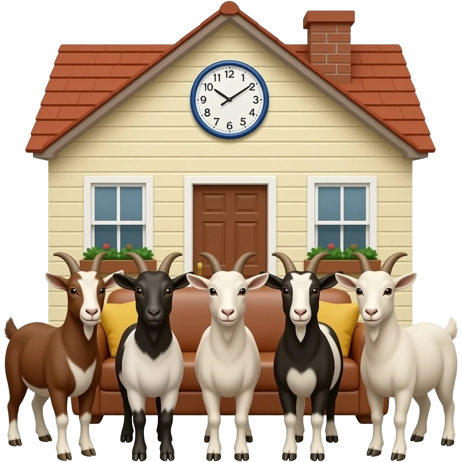 siete cabritas, de fondo una casa con un sofa, un reloj... que sea realista emoji
