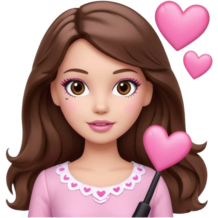Barbie girl and  makeup , brown long straight wavy hair and brown eyes is In pale pink clothes There are pink hearts all around emoji