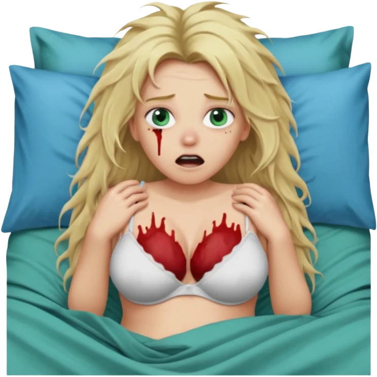 Blonde baddie with very long messi hair blue-green eyes  and lay in a big bed in underwear sie hat Todesangst und guckt schmerzhaft erschrocken Bauch aufgebläht und das Bettlacken ist blutig ihre Brüste unnatürlich riesengroß Ein riesen Mann war das. Überall sind weiße Flecken in ihrem Gesicht  emoji
