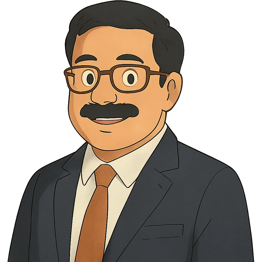 portrait of Kuldeep Bafana as a friendly Ghibli-style character, wearing business attire emoji