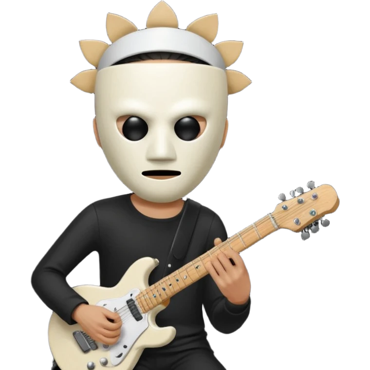 guitarist wearing a white bucket on his head, with two eye holes, a blank expression, and a small theatrical mask on the bucket. He’s holding an electric guitar, dressed in a simple black outfit, giving off a mysterious but playful rock legend vibe, kfc bucket on his head emoji