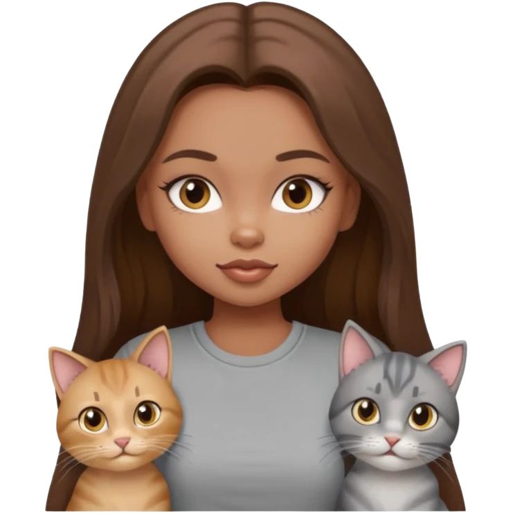 a pretty bratz dusky girl with long brown hair with four cats nd wearing a grey tshirt emoji