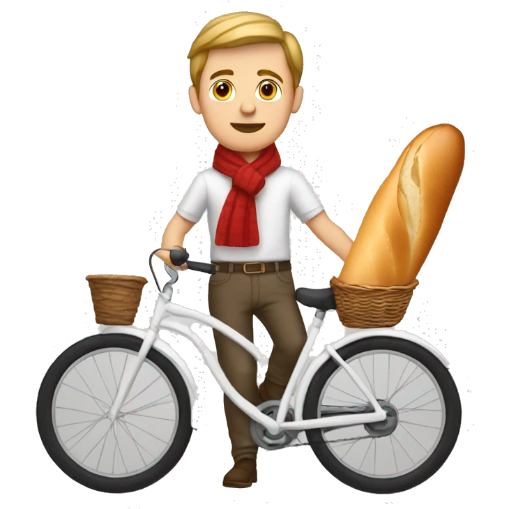 white parisian white man with a stripped white shirt, on a bike, wearing a red scarf and holding a baguette emoji