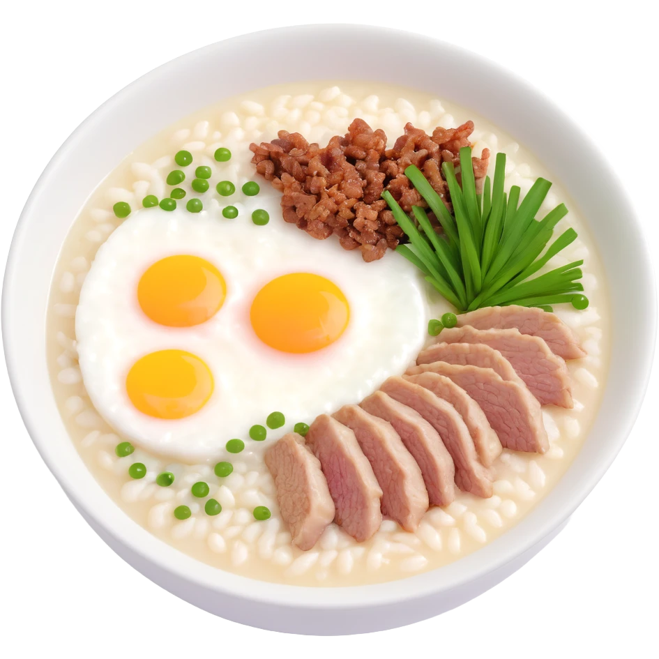 bowl of Asian rice porridge (congee) with steam, simple round bowl, topped with halved soft-boiled egg, minced pork, chopped green onions, cilantro, crispy fried garlic, smooth colorful clean minimal cute emoji