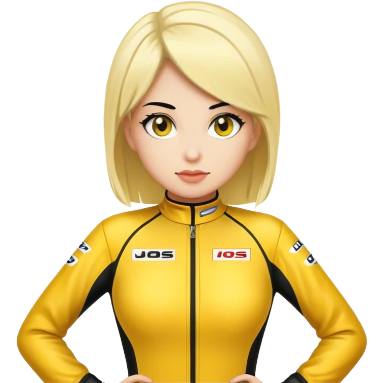 black hair blond skin woman in yelloracing suit emoji