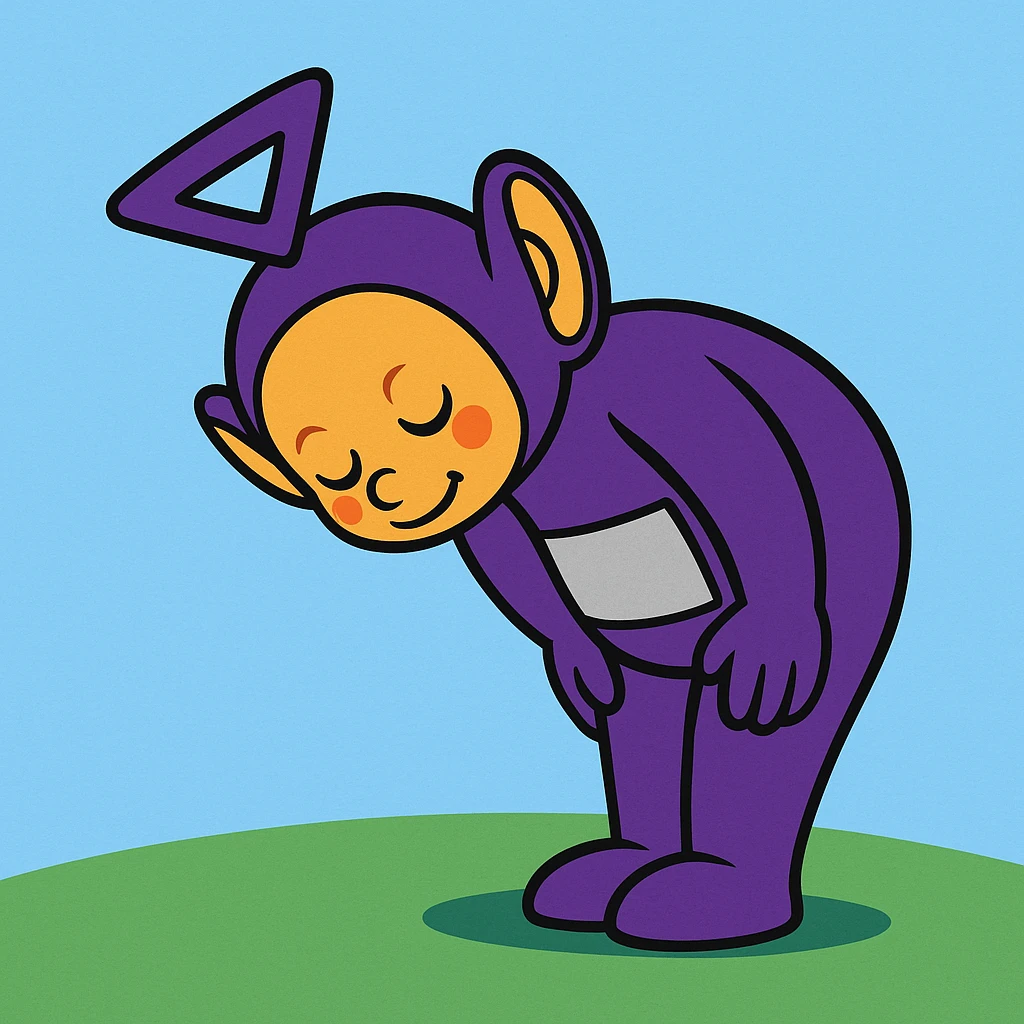 Tinky Winky from Teletubbies bowing politely at a 90-degree angle, vibrant cartoon style, simple background emoji