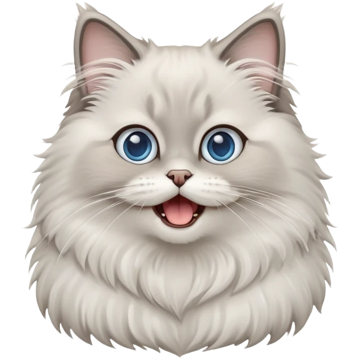 cinematic-adorable-big-eyed-fluffy-grey ragdoll-cat-portrait-emoji,-head-tilted-playfully-with-a-cute,-yawn,-white and grey fur,-simplified-yet-irresistibly-cute-features, blue eyes emoji