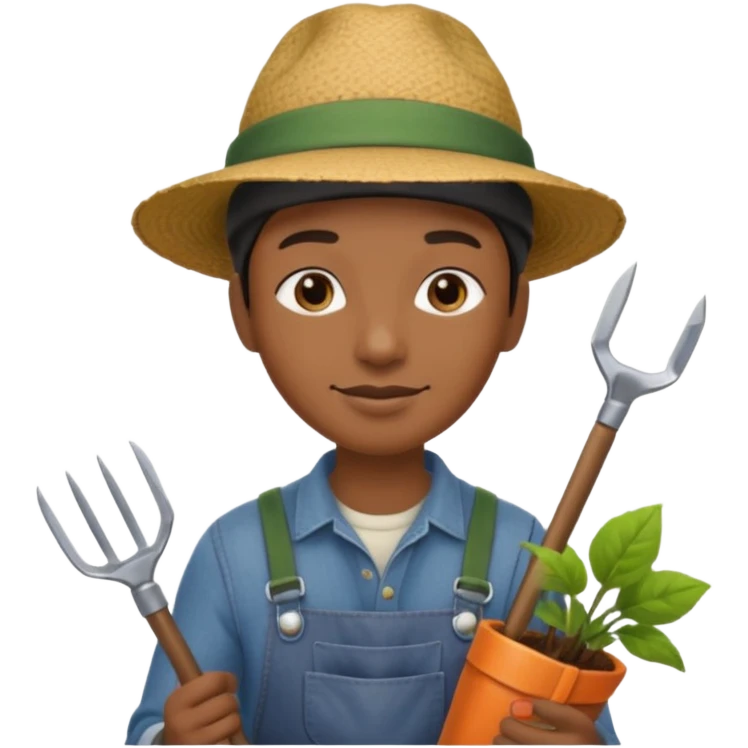 black gardener holding gardening tools, with hat emoji